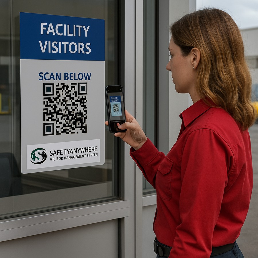 Facility visitor scanning a SafetyAnywhere QR code at a plant entrance kiosk